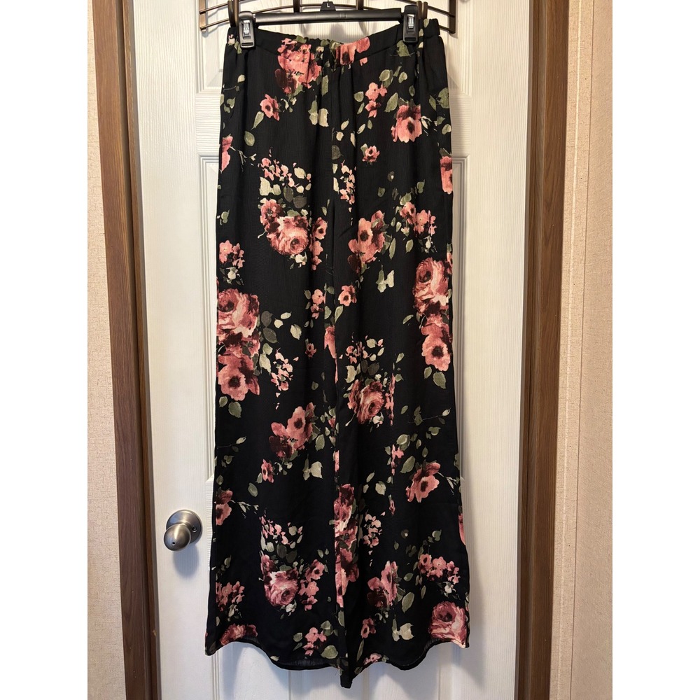 Oddi Women Black Pink Floral Wide Leg Pants High Waist Relaxed Trousers Large